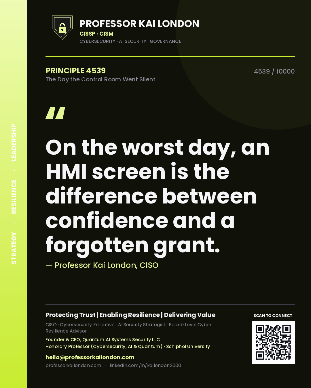 Quote card by Professor Kai London reading 'On the worst day, an HMI screen is the difference between confidence and a forgotten grant.'. From the book The Day the Control Room Went Silent.