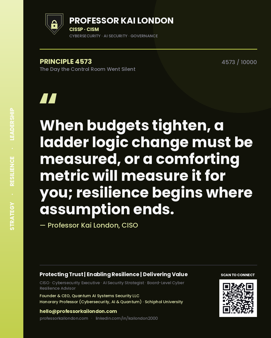 Quote card by Professor Kai London reading 'When budgets tighten, a ladder logic change must be measured, or a comforting metric will measure it for you; resilience begins where assumption ends.'. From the book The Day the Control Room Went Silent.