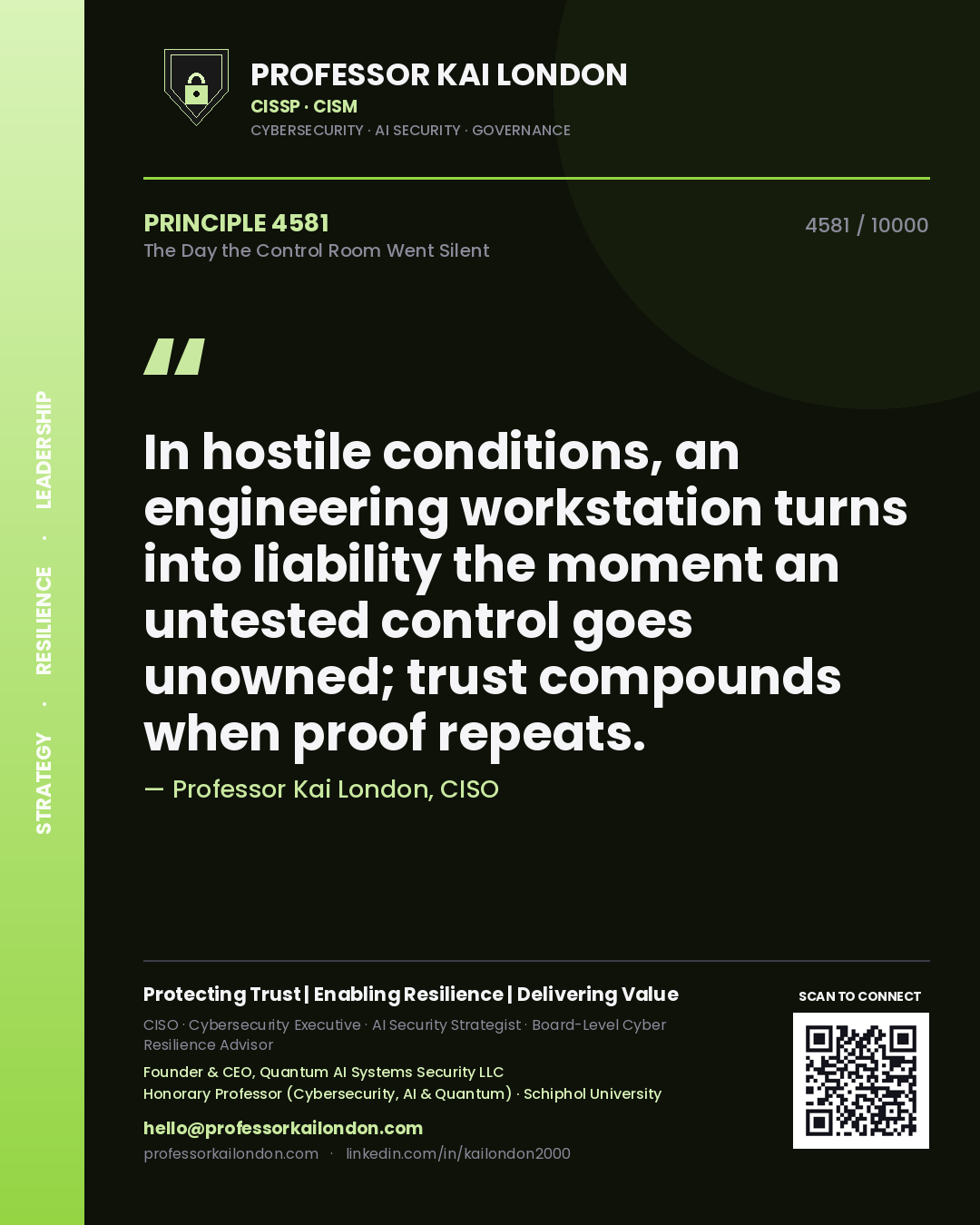 Quote card by Professor Kai London reading 'In hostile conditions, an engineering workstation turns into liability the moment an untested control goes unowned; trust compounds when proof repeats.'. From the book The Day the Control Room Went Silent.