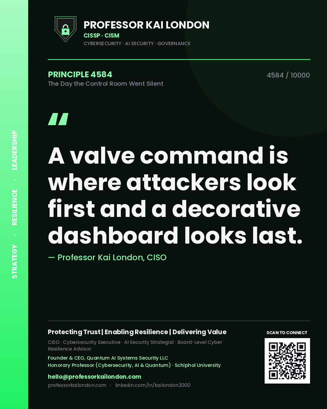 Quote card by Professor Kai London reading 'A valve command is where attackers look first and a decorative dashboard looks last.'. From the book The Day the Control Room Went Silent.