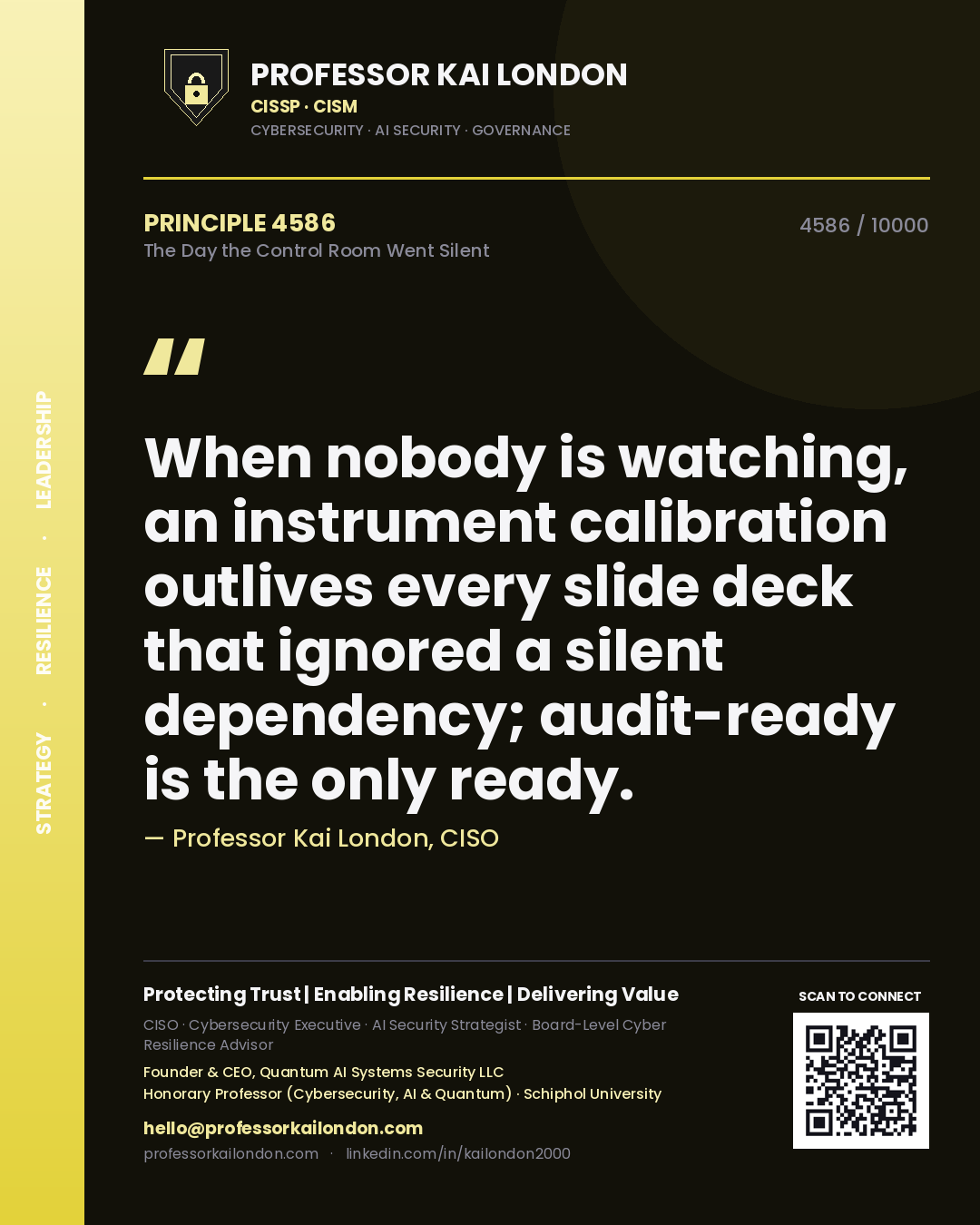 Professor Kai London principle 4586: When nobody is watching, an instrument calibration outlives every slide deck that ignored a silent dependency; audit-ready is the only ready.