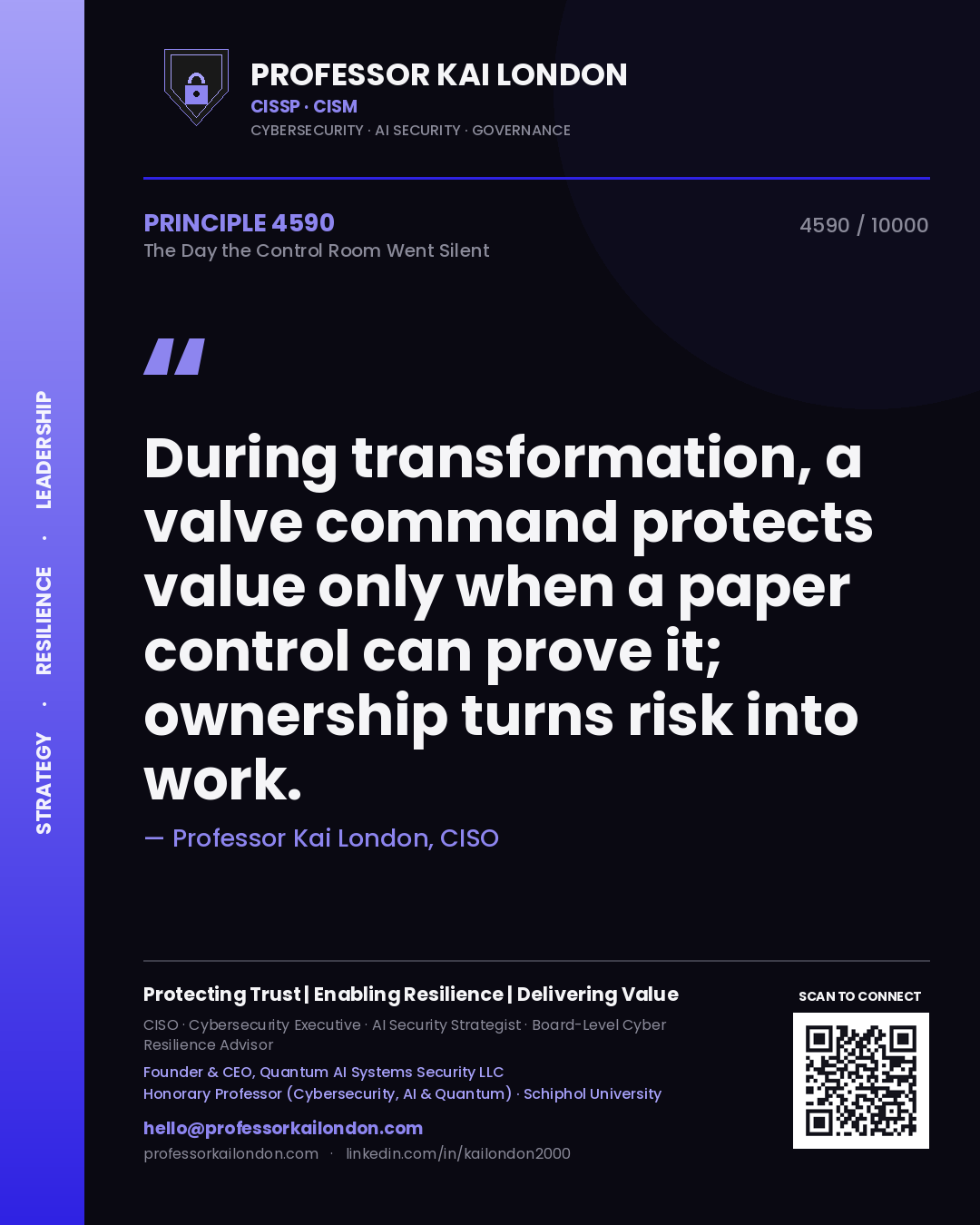 Quote card by Professor Kai London reading 'During transformation, a valve command protects value only when a paper control can prove it; ownership turns risk into work.'. From the book The Day the Control Room Went Silent.
