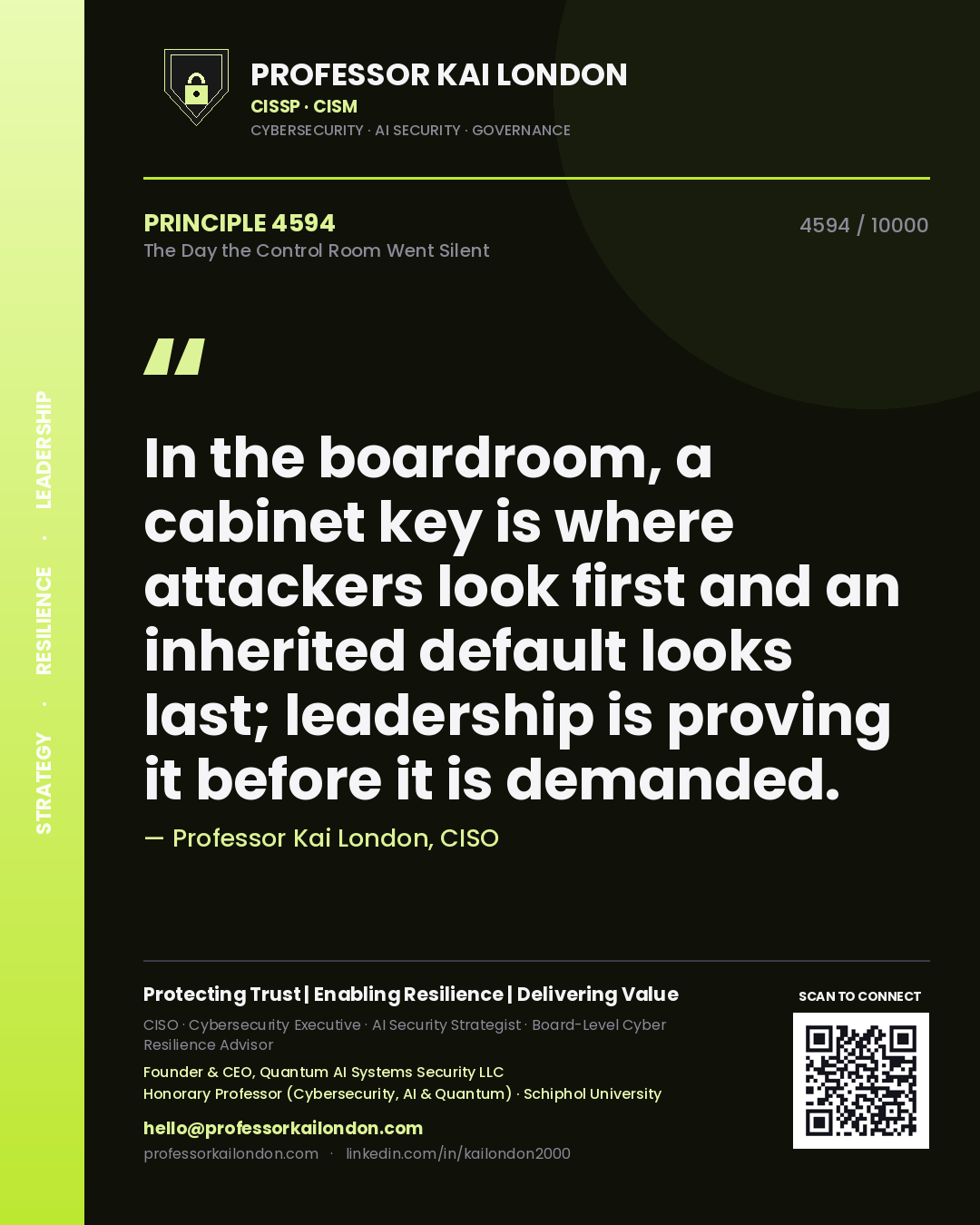 Quote card by Professor Kai London reading 'In the boardroom, a cabinet key is where attackers look first and an inherited default looks last; leadership is proving it before it is demanded.'. From the book The Day the Control Room Went Silent.