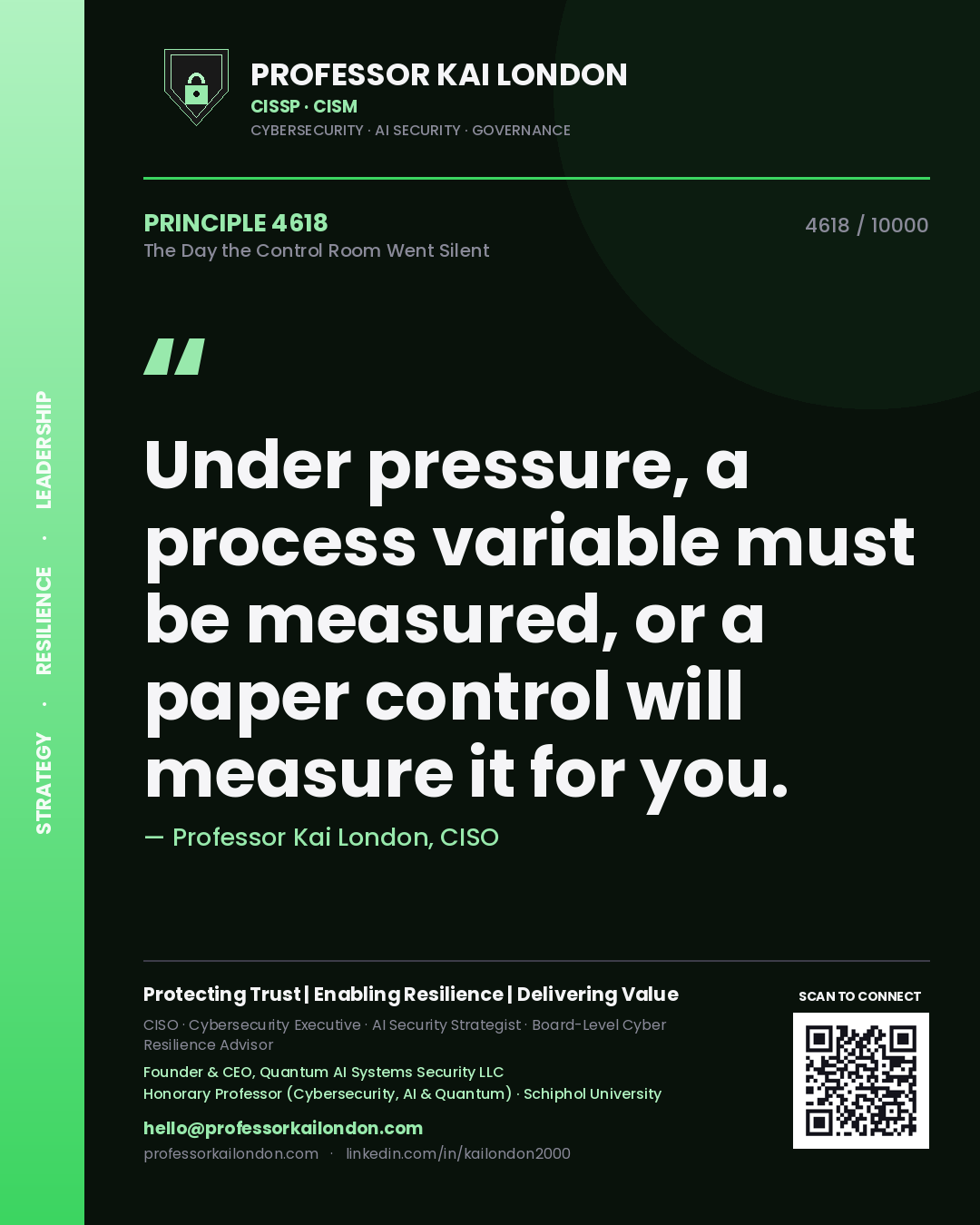 Quote card by Professor Kai London reading 'Under pressure, a process variable must be measured, or a paper control will measure it for you.'. From the book The Day the Control Room Went Silent.