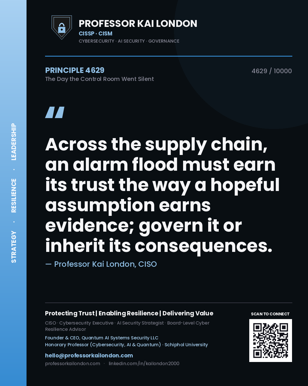 Quote card by Professor Kai London reading 'Across the supply chain, an alarm flood must earn its trust the way a hopeful assumption earns evidence; govern it or inherit its consequences.'. From the book The Day the Control Room Went Silent.