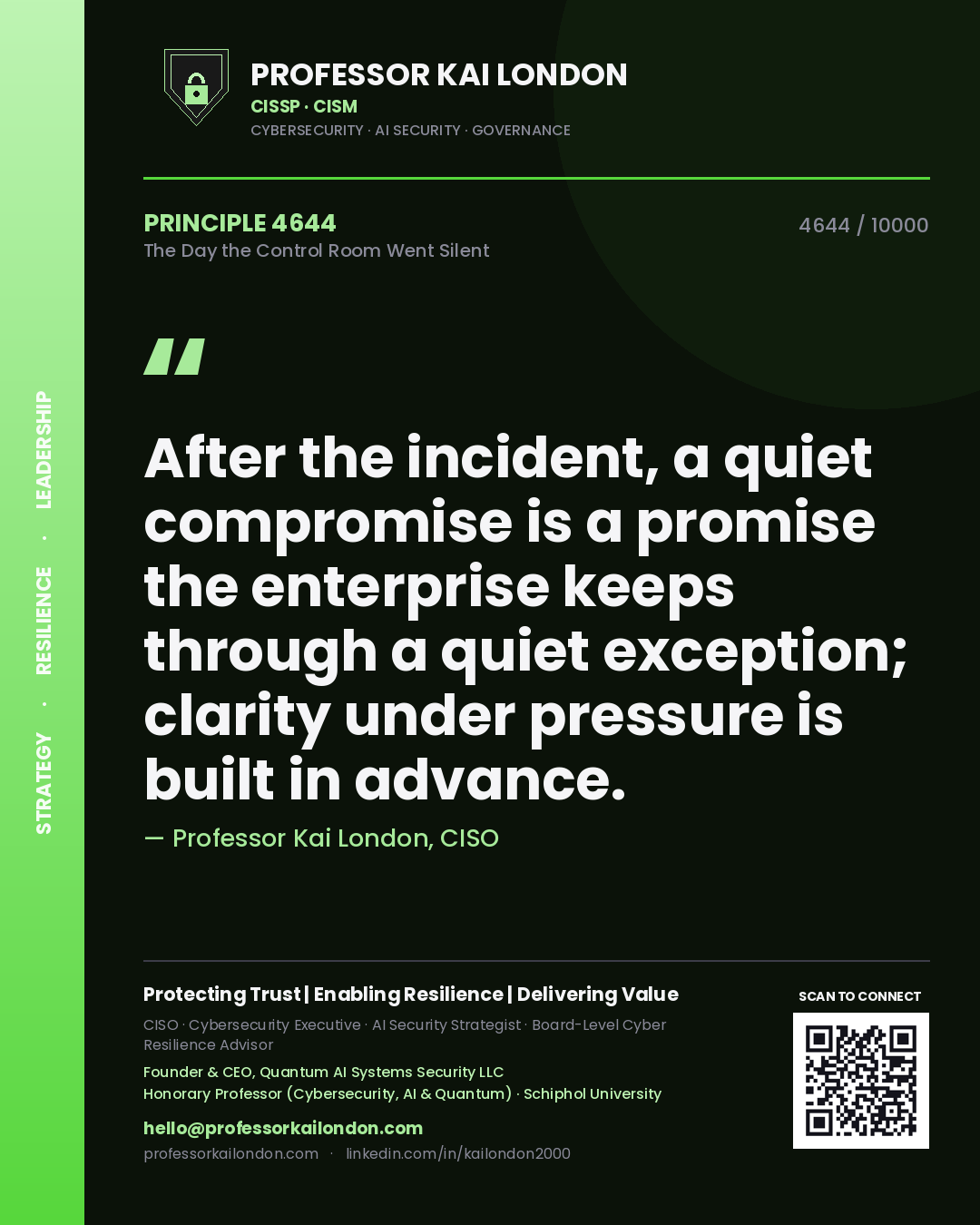 Quote card by Professor Kai London reading 'After the incident, a quiet compromise is a promise the enterprise keeps through a quiet exception; clarity under pressure is built in advance.'. From the book The Day the Control Room Went Silent.