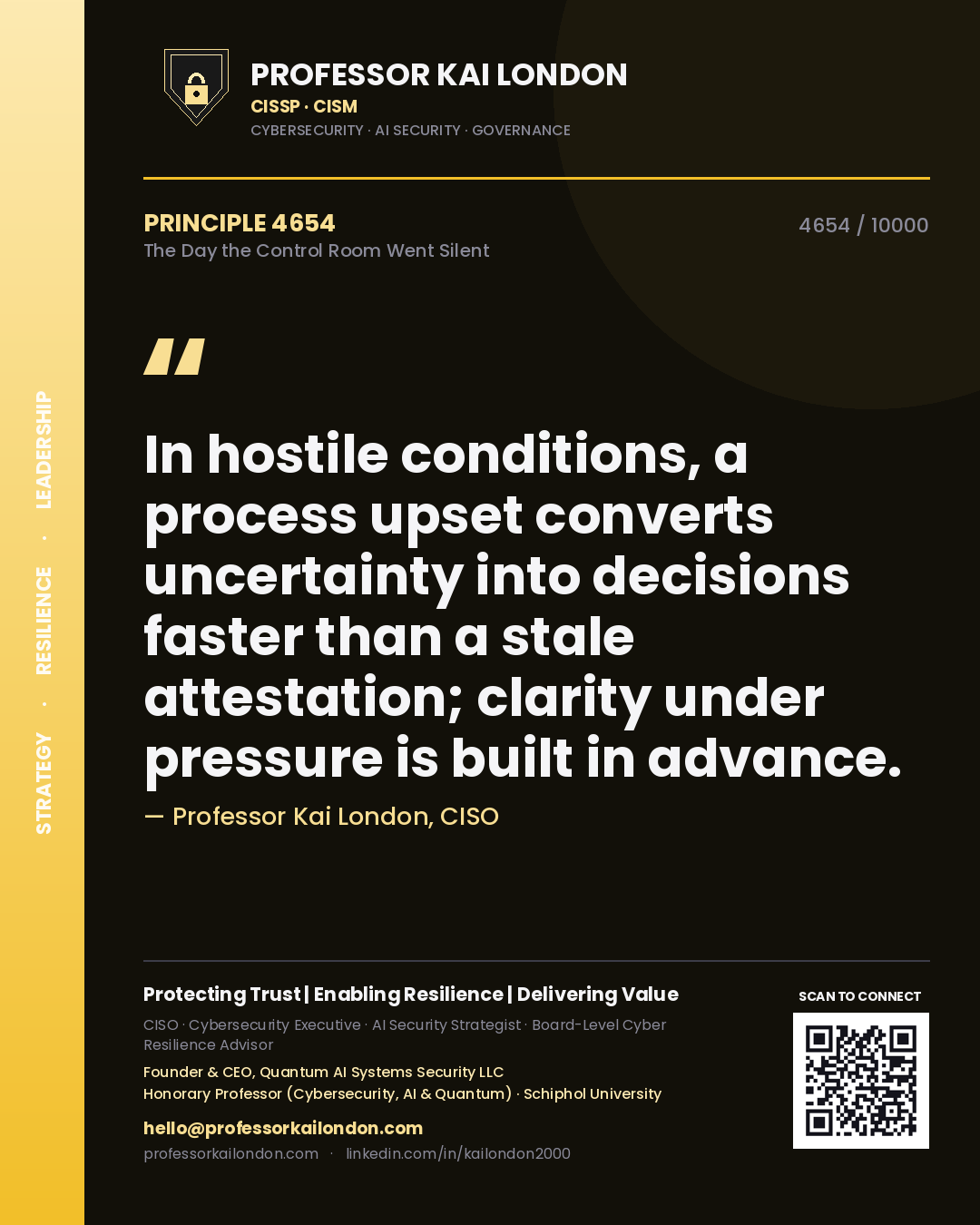 Quote card by Professor Kai London reading 'In hostile conditions, a process upset converts uncertainty into decisions faster than a stale attestation; clarity under pressure is built in advance.'. From the book The Day the Control Room Went Silent.