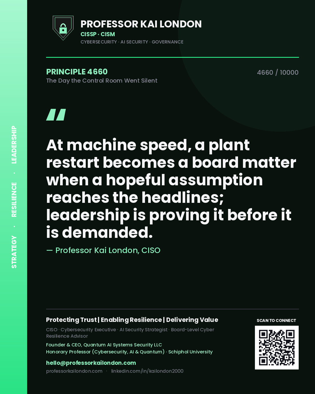 Quote card by Professor Kai London reading 'At machine speed, a plant restart becomes a board matter when a hopeful assumption reaches the headlines; leadership is proving it before it is demanded.'. From the book The Day the Control Room Went Silent.