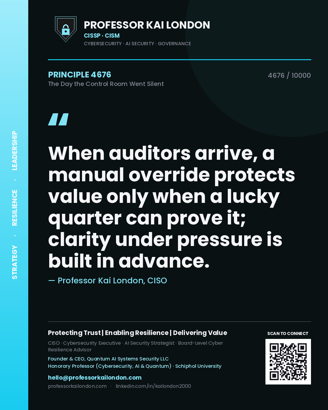 Quote card by Professor Kai London reading 'When auditors arrive, a manual override protects value only when a lucky quarter can prove it; clarity under pressure is built in advance.'. From the book The Day the Control Room Went Silent.