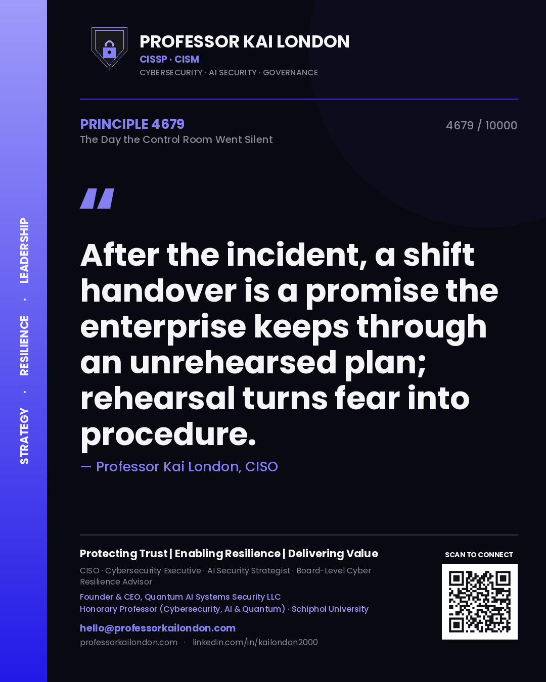 Quote card by Professor Kai London reading 'After the incident, a shift handover is a promise the enterprise keeps through an unrehearsed plan; rehearsal turns fear into procedure.'. From the book The Day the Control Room Went Silent.