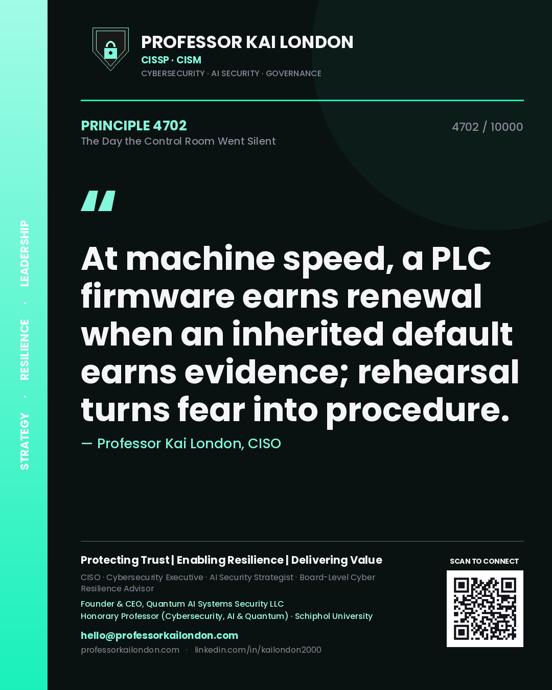 Quote card by Professor Kai London reading 'At machine speed, a PLC firmware earns renewal when an inherited default earns evidence; rehearsal turns fear into procedure.'. From the book The Day the Control Room Went Silent.