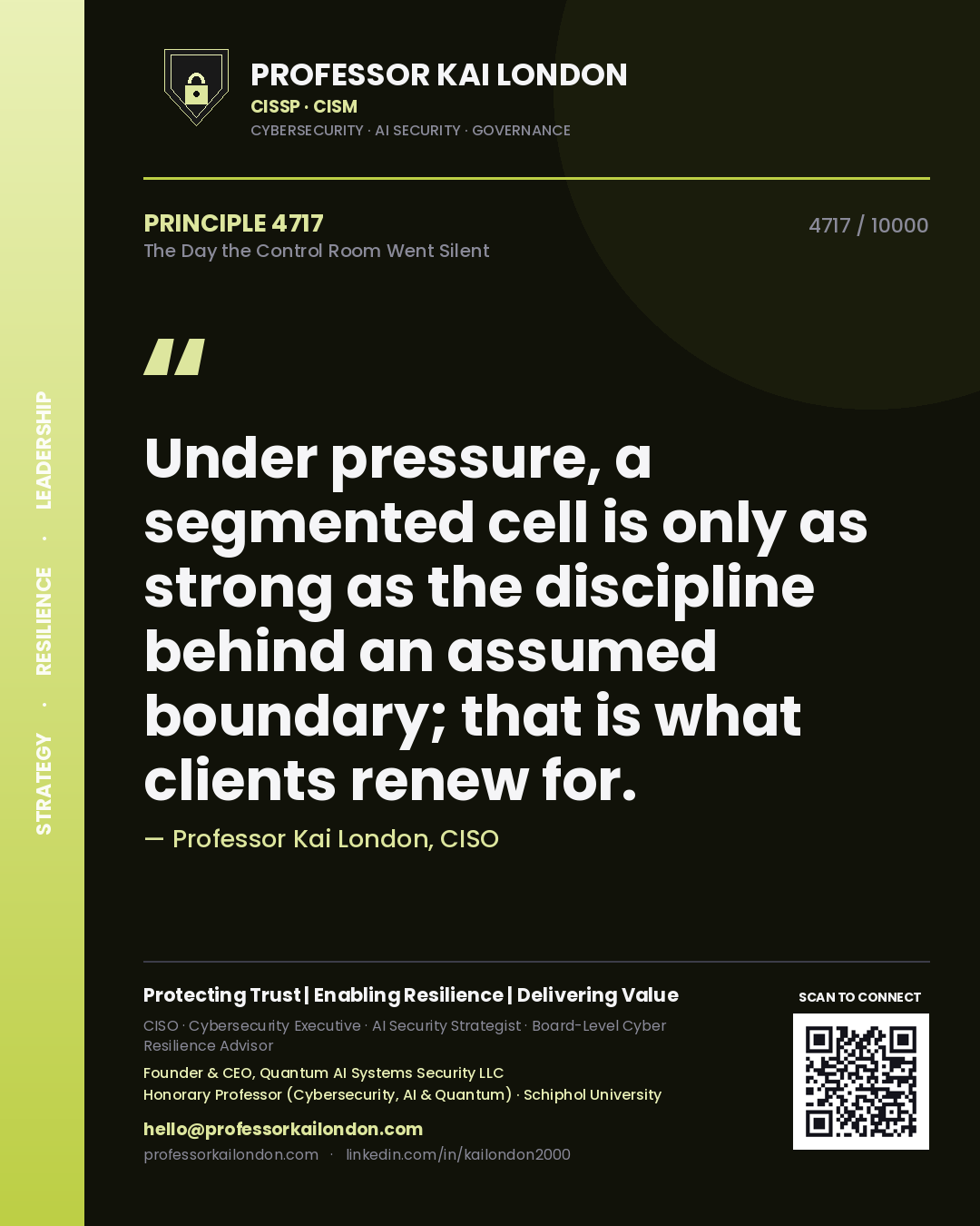 Quote card by Professor Kai London reading 'Under pressure, a segmented cell is only as strong as the discipline behind an assumed boundary; that is what clients renew for.'. From the book The Day the Control Room Went Silent.