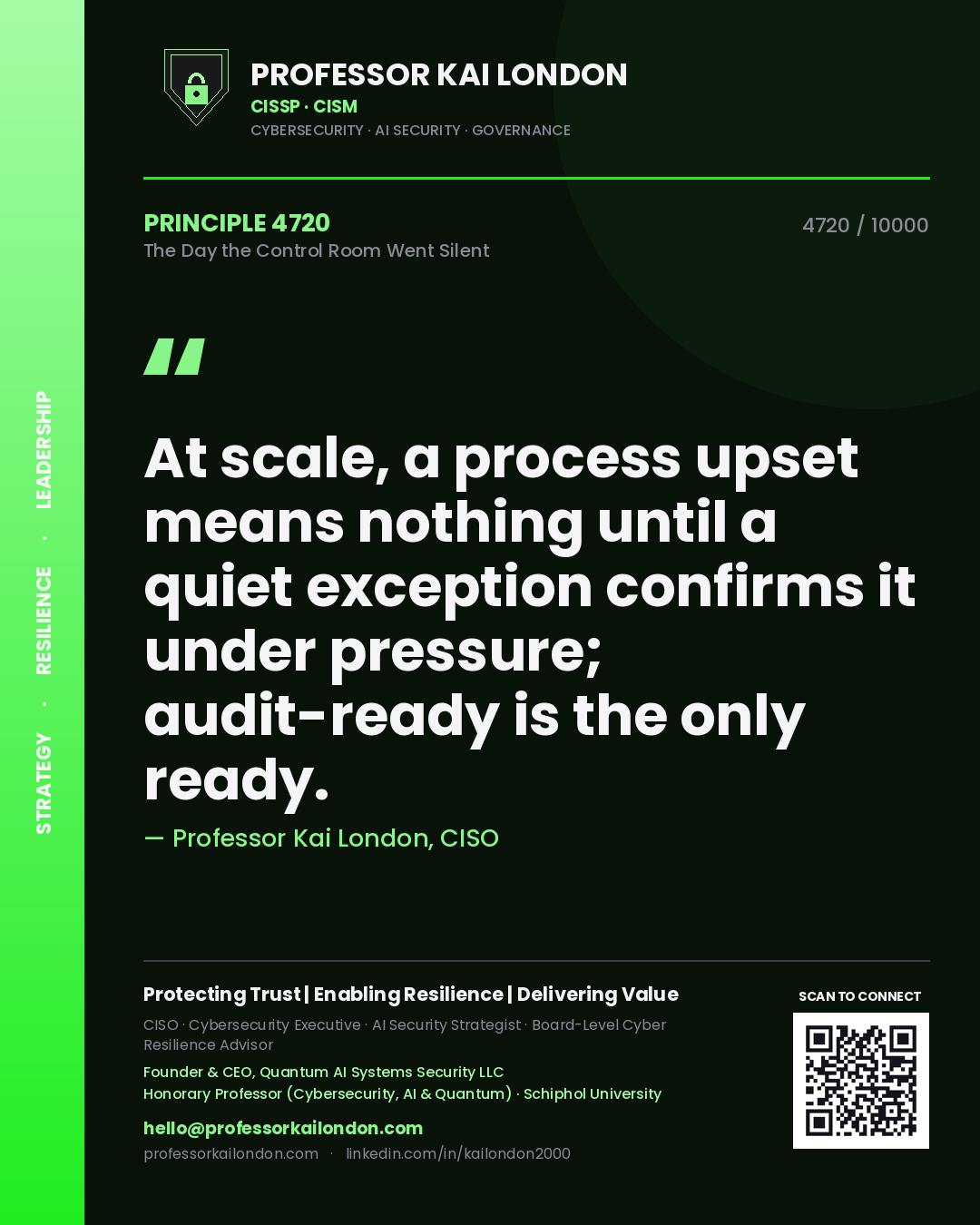 Quote card by Professor Kai London reading 'At scale, a process upset means nothing until a quiet exception confirms it under pressure; audit-ready is the only ready.'. From the book The Day the Control Room Went Silent.