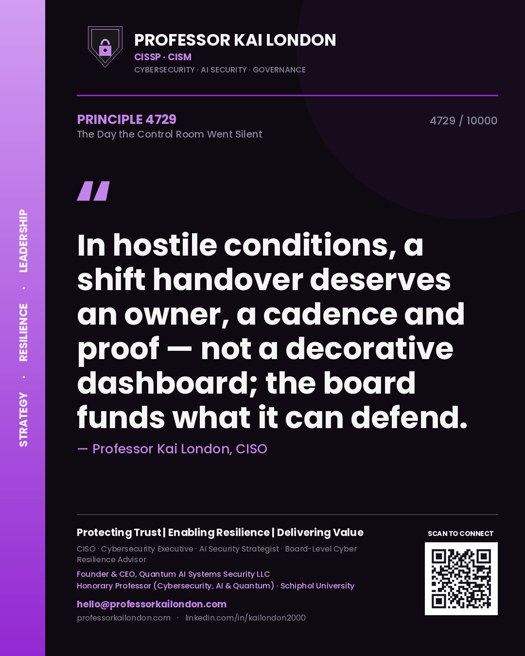 Quote card by Professor Kai London reading 'In hostile conditions, a shift handover deserves an owner, a cadence and proof — not a decorative dashboard; the board funds what it can defend.'. From the book The Day the Control Room Went Silent.