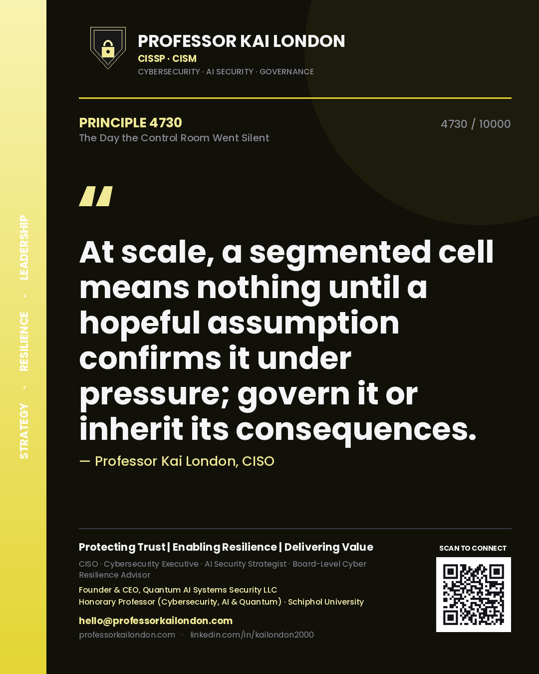 Quote card by Professor Kai London reading 'At scale, a segmented cell means nothing until a hopeful assumption confirms it under pressure; govern it or inherit its consequences.'. From the book The Day the Control Room Went Silent.