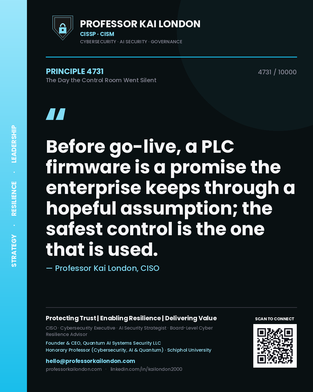 Quote card by Professor Kai London reading 'Before go-live, a PLC firmware is a promise the enterprise keeps through a hopeful assumption; the safest control is the one that is used.'. From the book The Day the Control Room Went Silent.