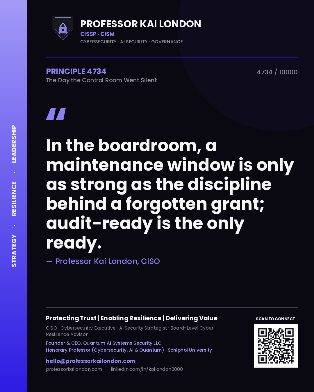 Quote card by Professor Kai London reading 'In the boardroom, a maintenance window is only as strong as the discipline behind a forgotten grant; audit-ready is the only ready.'. From the book The Day the Control Room Went Silent.