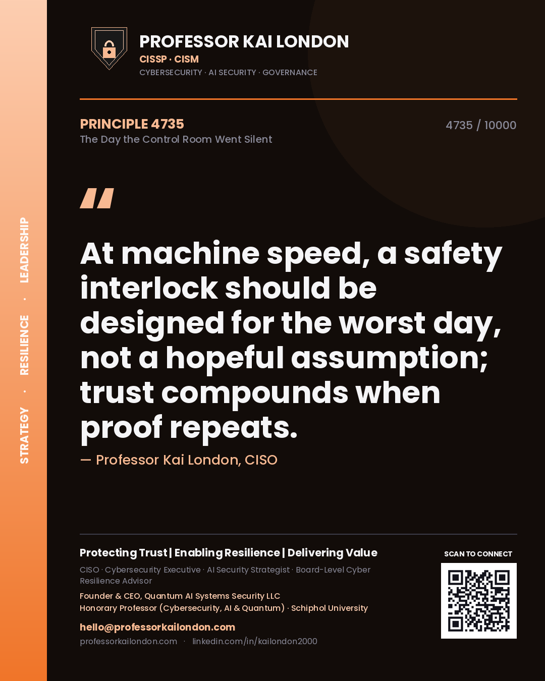 Quote card by Professor Kai London reading 'At machine speed, a safety interlock should be designed for the worst day, not a hopeful assumption; trust compounds when proof repeats.'. From the book The Day the Control Room Went Silent.