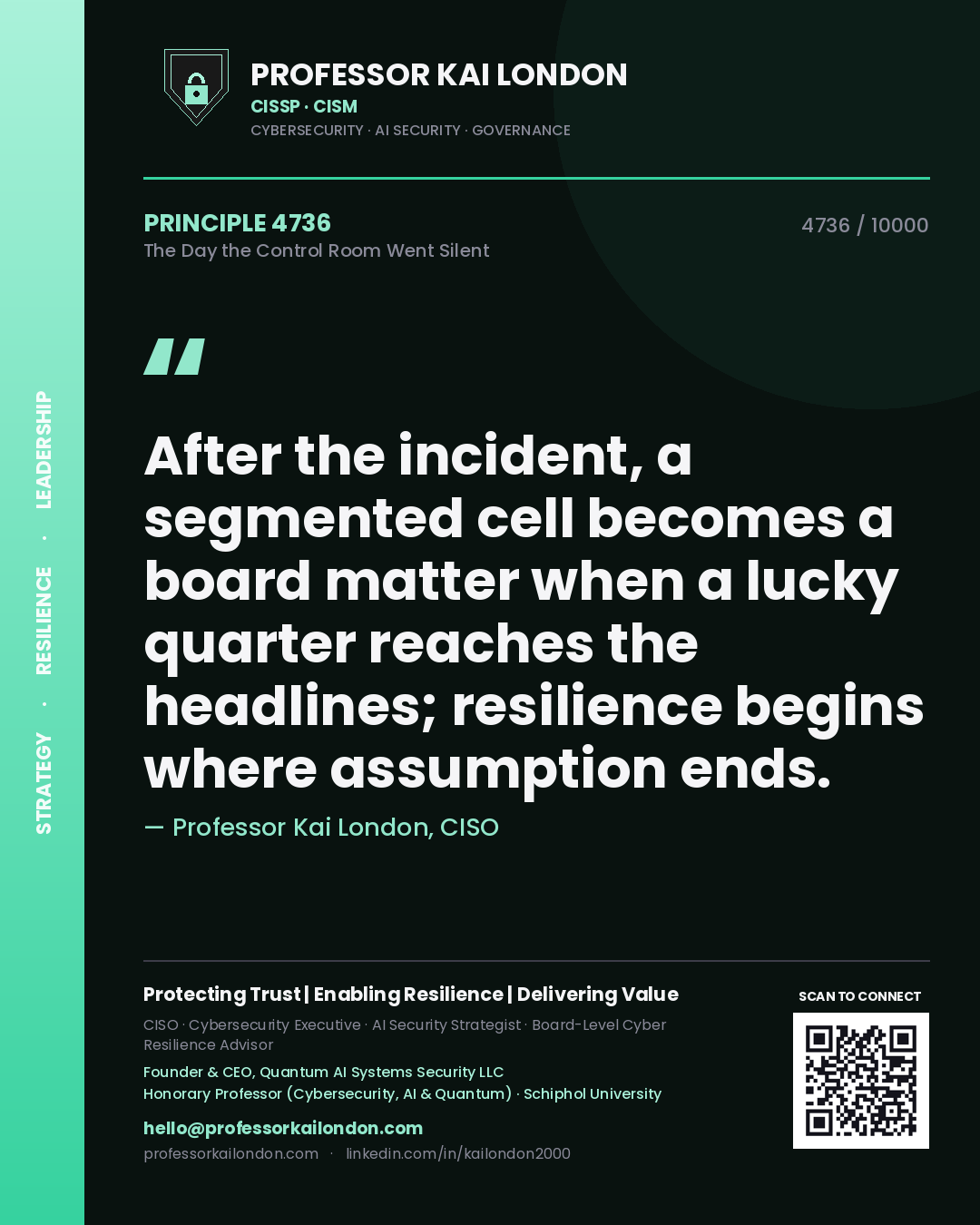 Quote card by Professor Kai London reading 'After the incident, a segmented cell becomes a board matter when a lucky quarter reaches the headlines; resilience begins where assumption ends.'. From the book The Day the Control Room Went Silent.