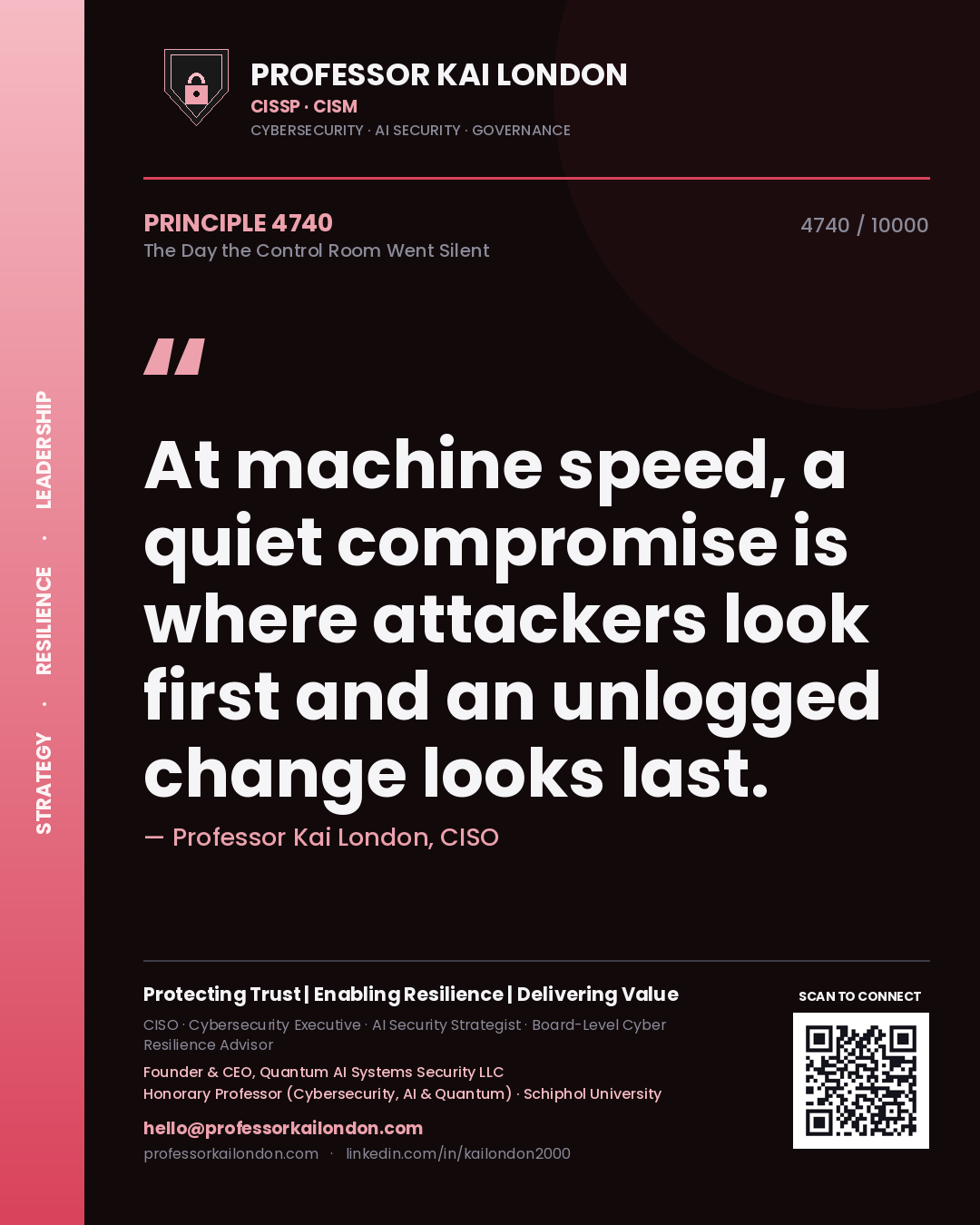 Quote card by Professor Kai London reading 'At machine speed, a quiet compromise is where attackers look first and an unlogged change looks last.'. From the book The Day the Control Room Went Silent.