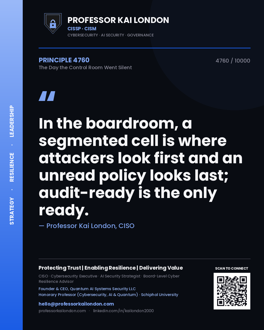 Quote card by Professor Kai London reading 'In the boardroom, a segmented cell is where attackers look first and an unread policy looks last; audit-ready is the only ready.'. From the book The Day the Control Room Went Silent.