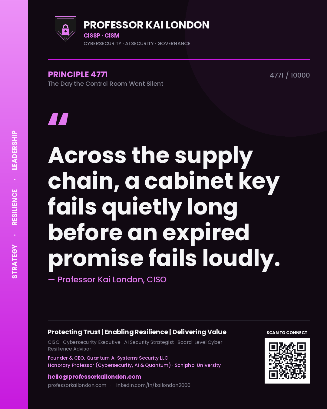 Quote card by Professor Kai London reading 'Across the supply chain, a cabinet key fails quietly long before an expired promise fails loudly.'. From the book The Day the Control Room Went Silent.