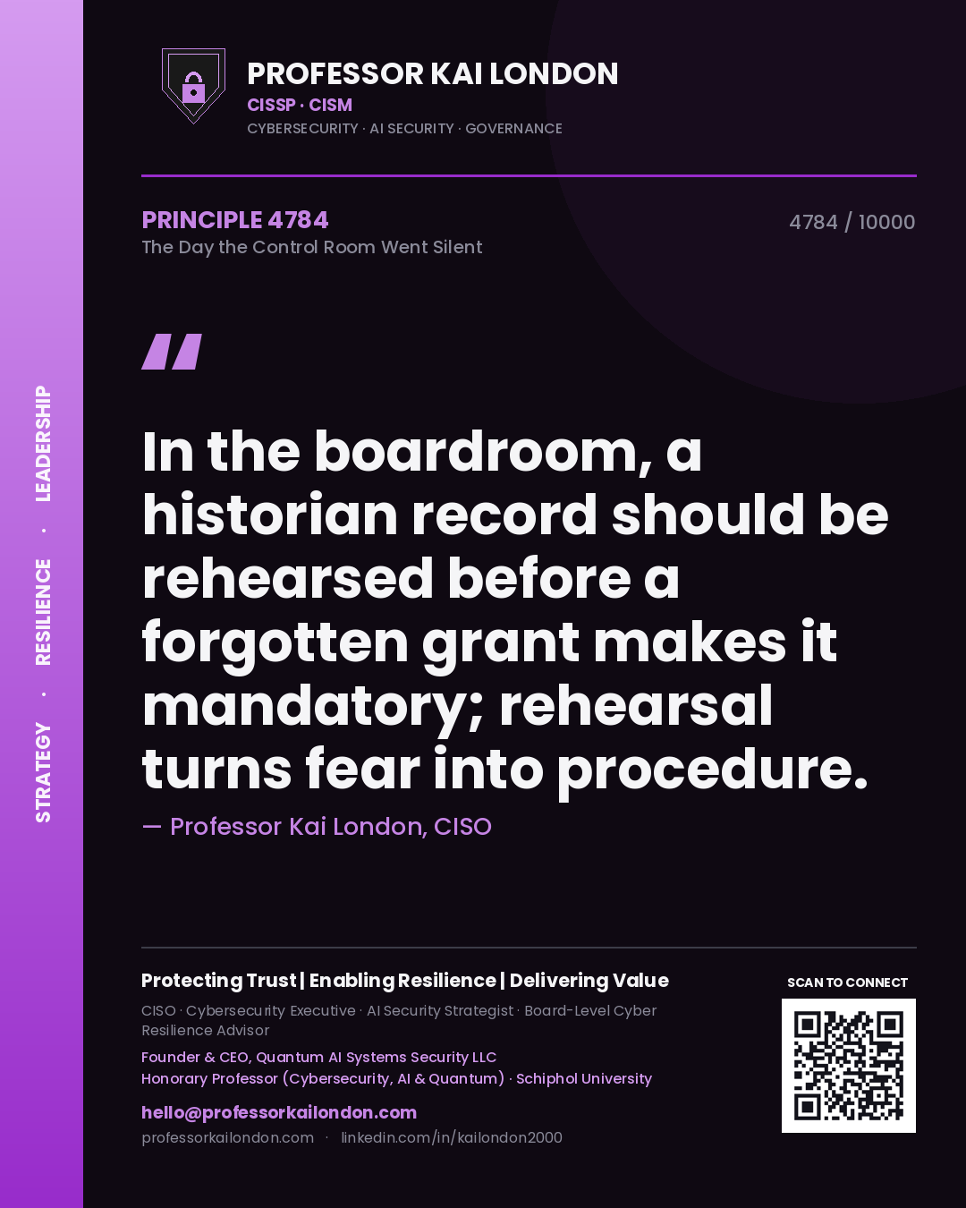 Quote card by Professor Kai London reading 'In the boardroom, a historian record should be rehearsed before a forgotten grant makes it mandatory; rehearsal turns fear into procedure.'. From the book The Day the Control Room Went Silent.
