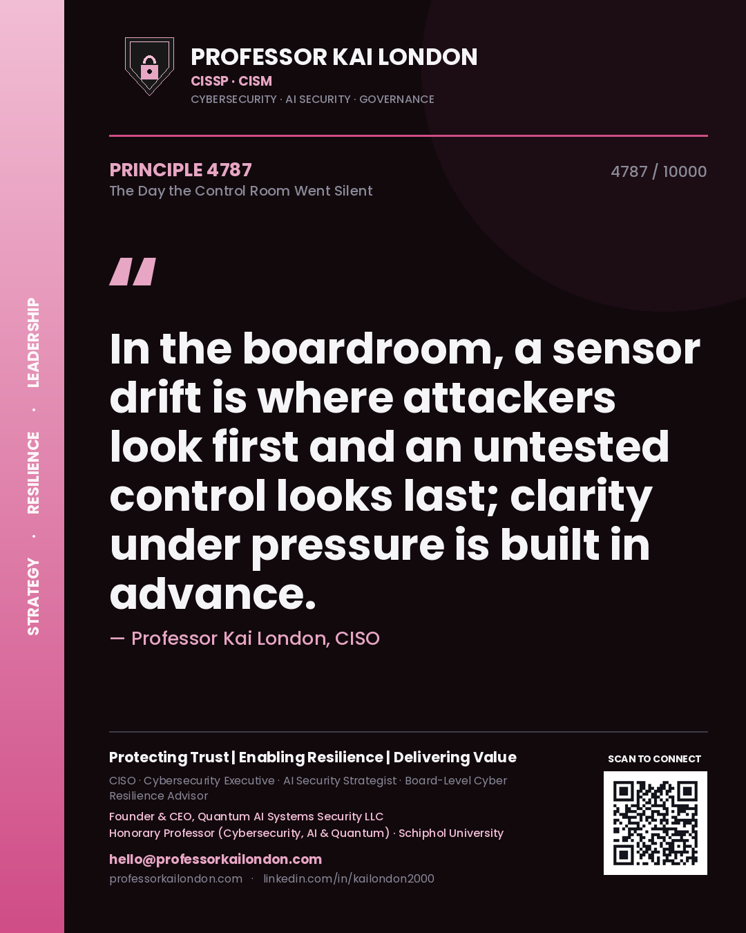 Quote card by Professor Kai London reading 'In the boardroom, a sensor drift is where attackers look first and an untested control looks last; clarity under pressure is built in advance.'. From the book The Day the Control Room Went Silent.