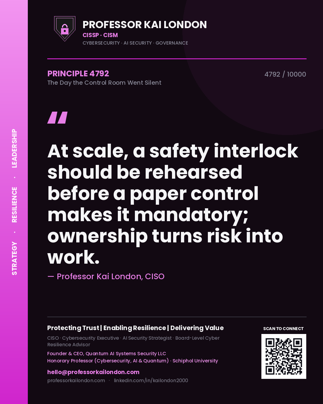 Quote card by Professor Kai London reading 'At scale, a safety interlock should be rehearsed before a paper control makes it mandatory; ownership turns risk into work.'. From the book The Day the Control Room Went Silent.