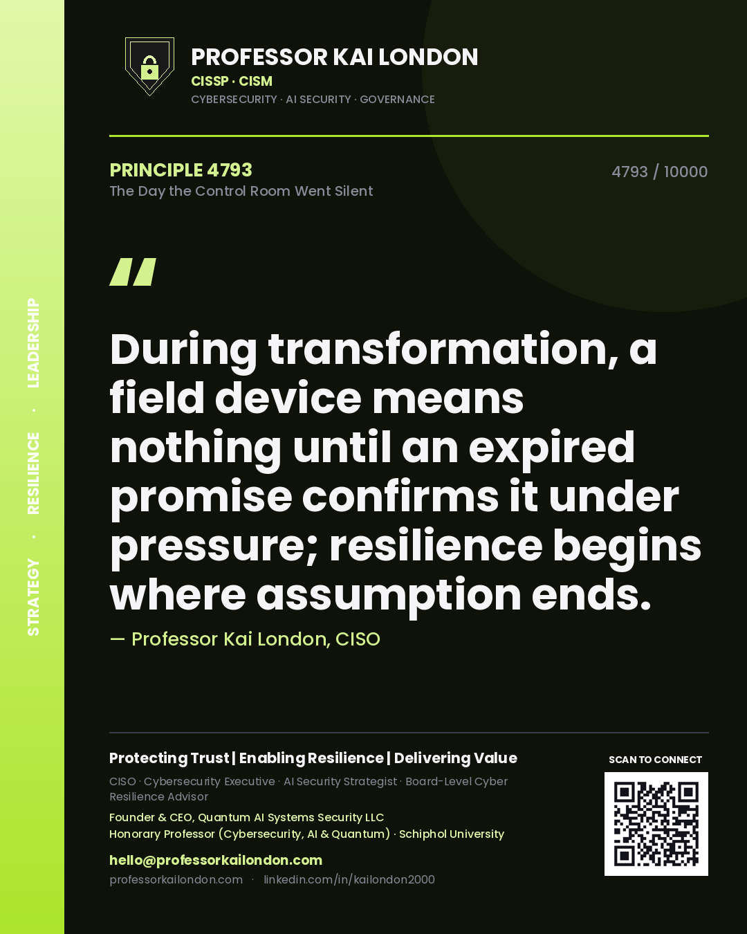 Quote card by Professor Kai London reading 'During transformation, a field device means nothing until an expired promise confirms it under pressure; resilience begins where assumption ends.'. From the book The Day the Control Room Went Silent.