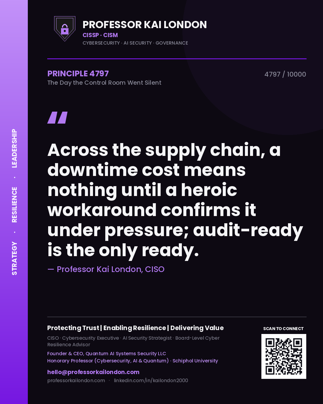 Quote card by Professor Kai London reading 'Across the supply chain, a downtime cost means nothing until a heroic workaround confirms it under pressure; audit-ready is the only ready.'. From the book The Day the Control Room Went Silent.