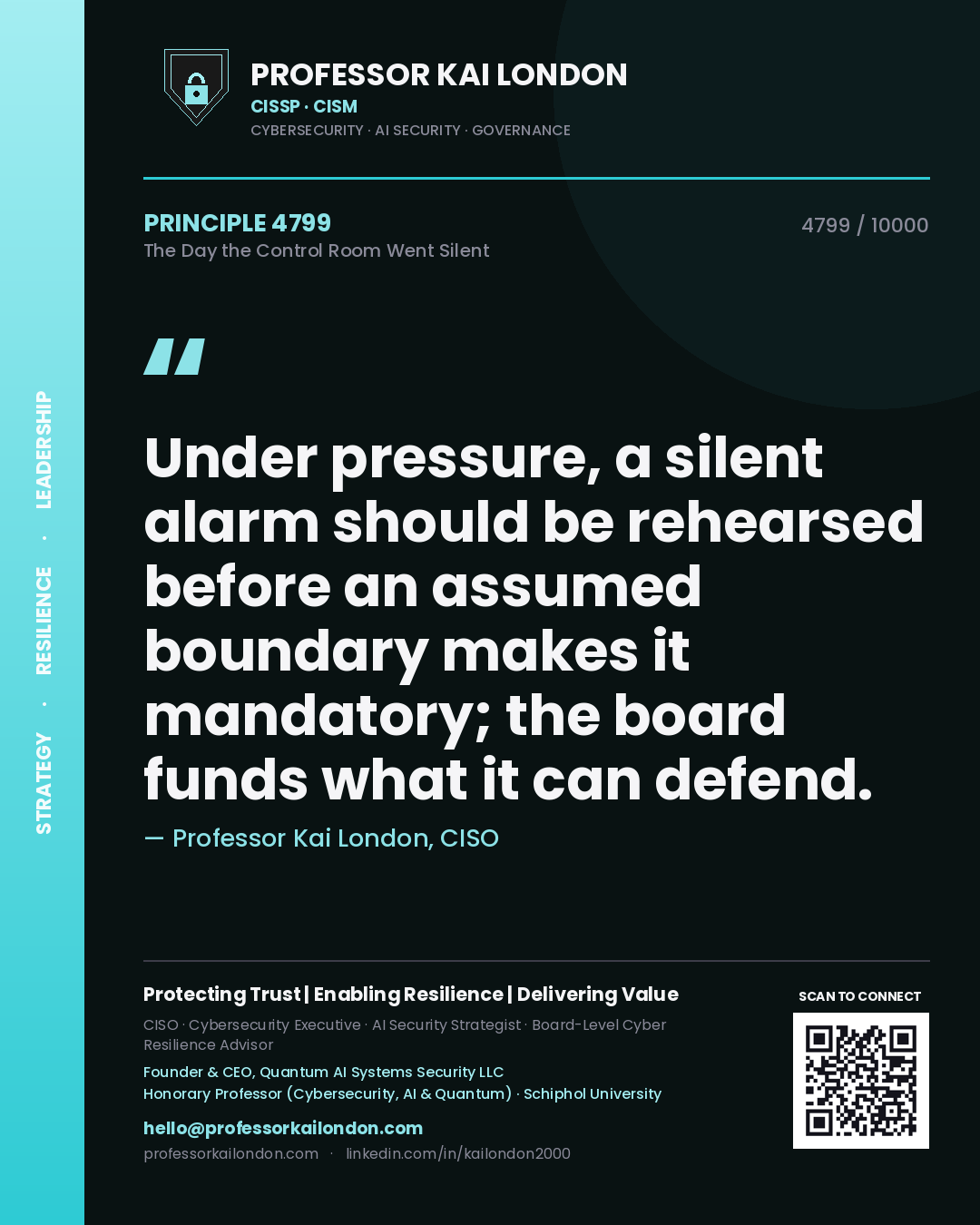 Quote card by Professor Kai London reading 'Under pressure, a silent alarm should be rehearsed before an assumed boundary makes it mandatory; the board funds what it can defend.'. From the book The Day the Control Room Went Silent.