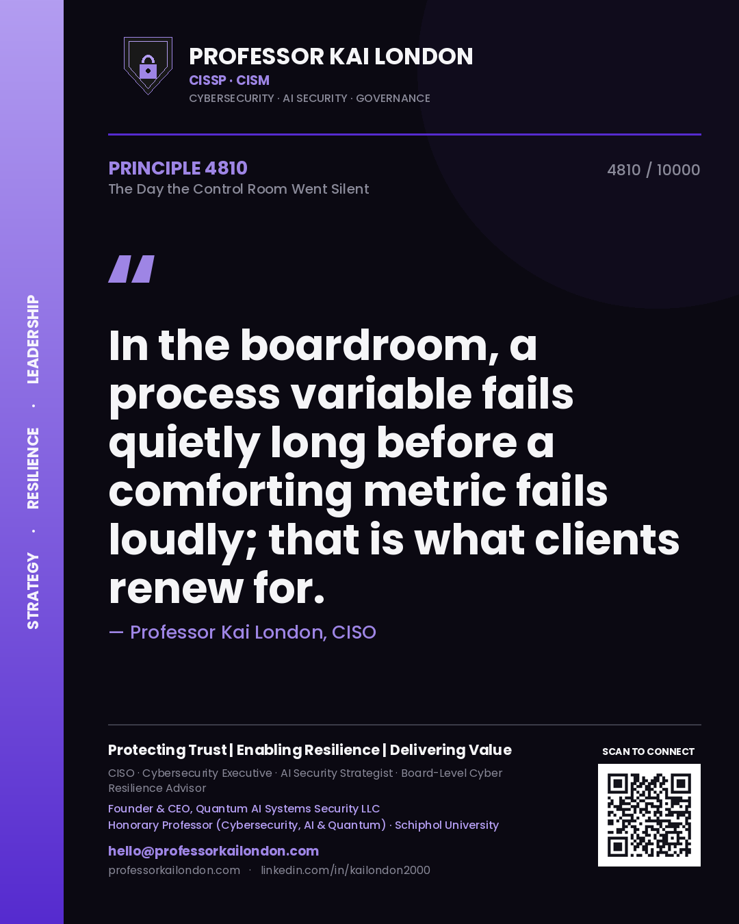 Quote card by Professor Kai London reading 'In the boardroom, a process variable fails quietly long before a comforting metric fails loudly; that is what clients renew for.'. From the book The Day the Control Room Went Silent.