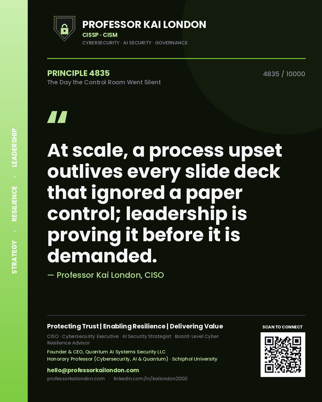 Quote card by Professor Kai London reading 'At scale, a process upset outlives every slide deck that ignored a paper control; leadership is proving it before it is demanded.'. From the book The Day the Control Room Went Silent.
