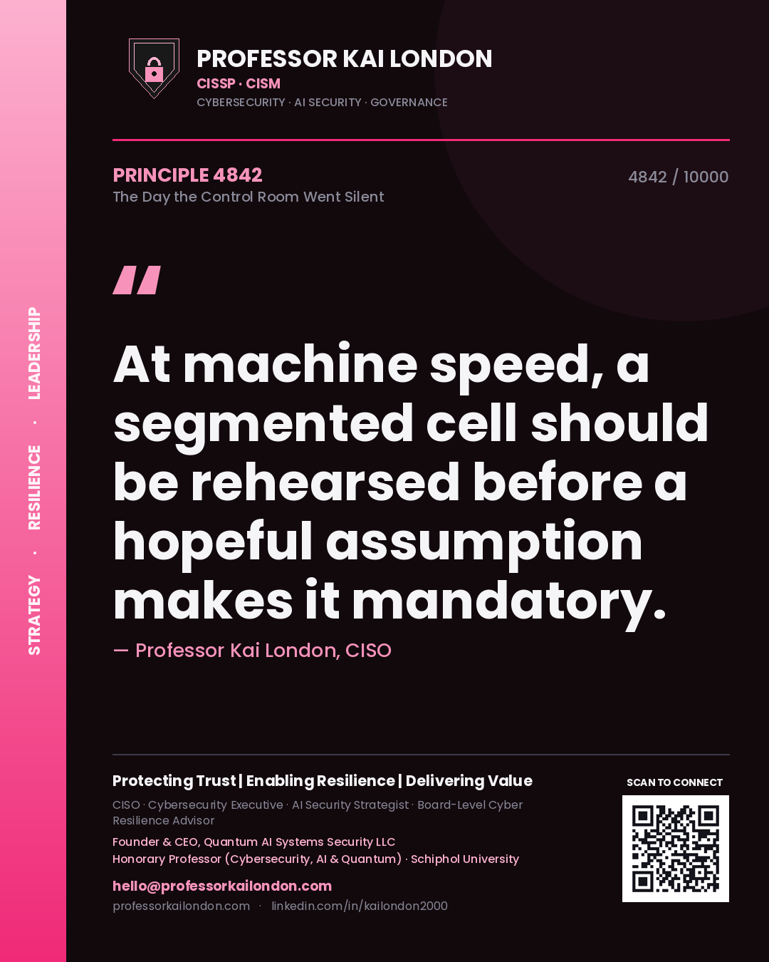 Quote card by Professor Kai London reading 'At machine speed, a segmented cell should be rehearsed before a hopeful assumption makes it mandatory.'. From the book The Day the Control Room Went Silent.