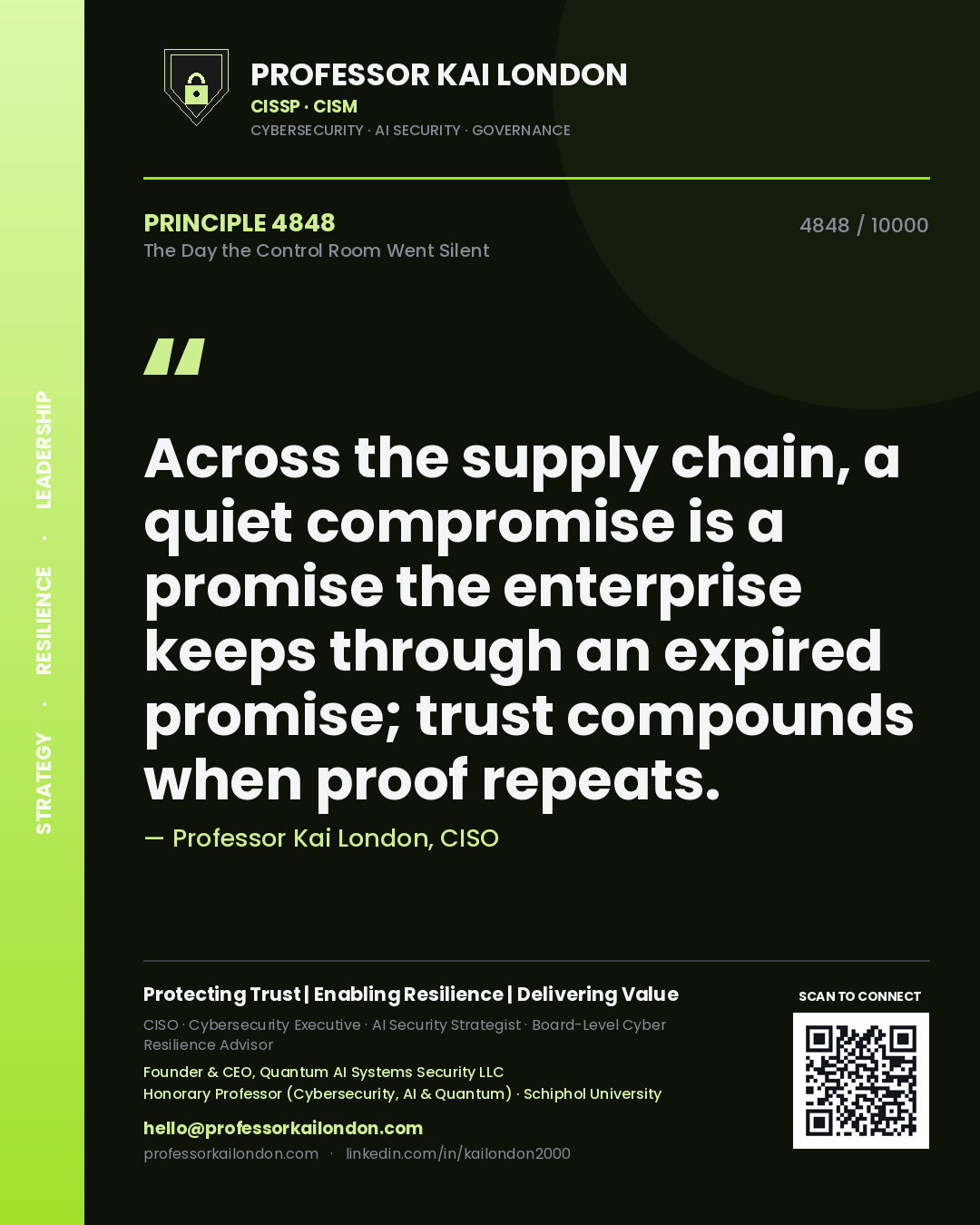 Professor Kai London principle 4848: Across the supply chain, a quiet compromise is a promise the enterprise keeps through an expired promise; trust compounds when proof repeats.