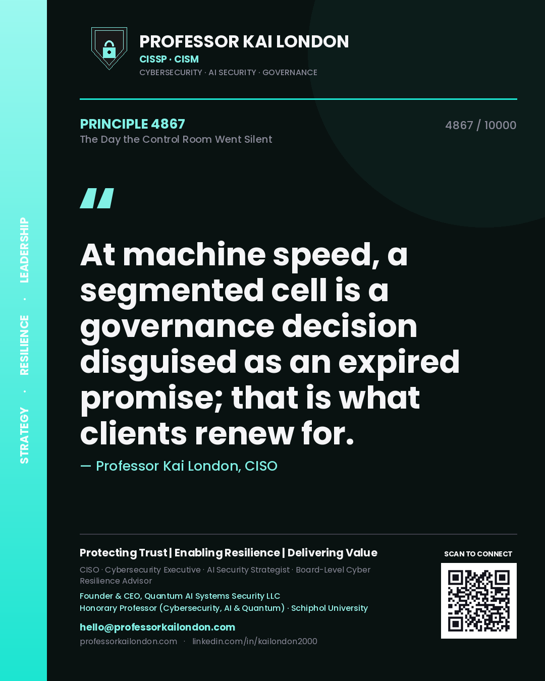 Quote card by Professor Kai London reading 'At machine speed, a segmented cell is a governance decision disguised as an expired promise; that is what clients renew for.'. From the book The Day the Control Room Went Silent.