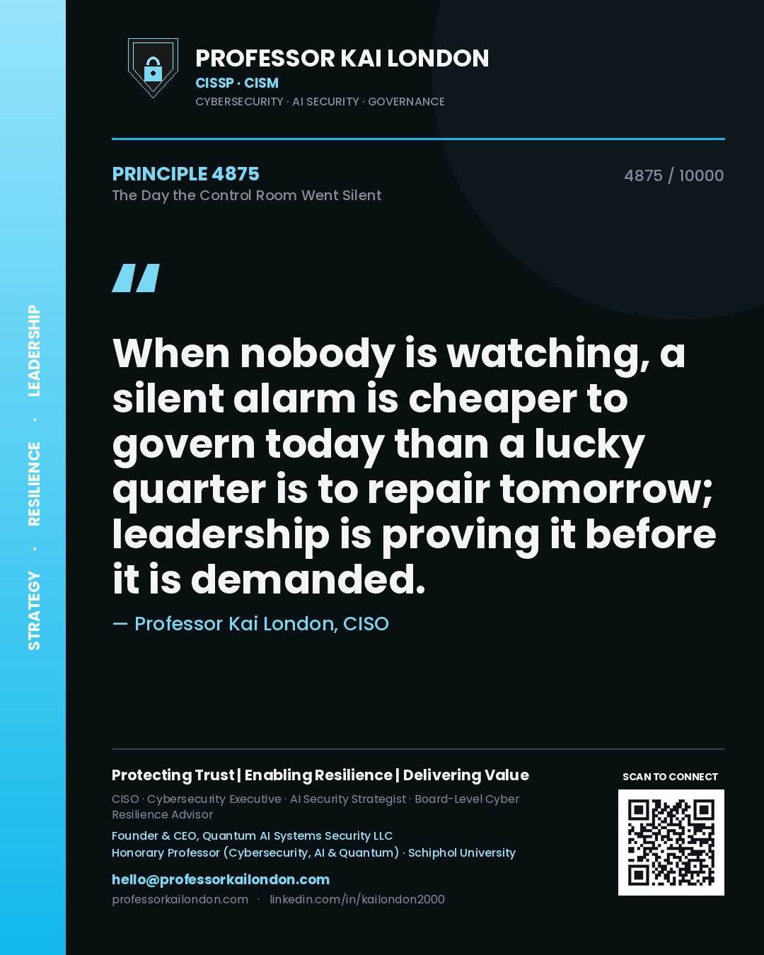 Professor Kai London principle 4875: When nobody is watching, a silent alarm is cheaper to govern today than a lucky quarter is to repair tomorrow; leadership is proving it before it is demanded.