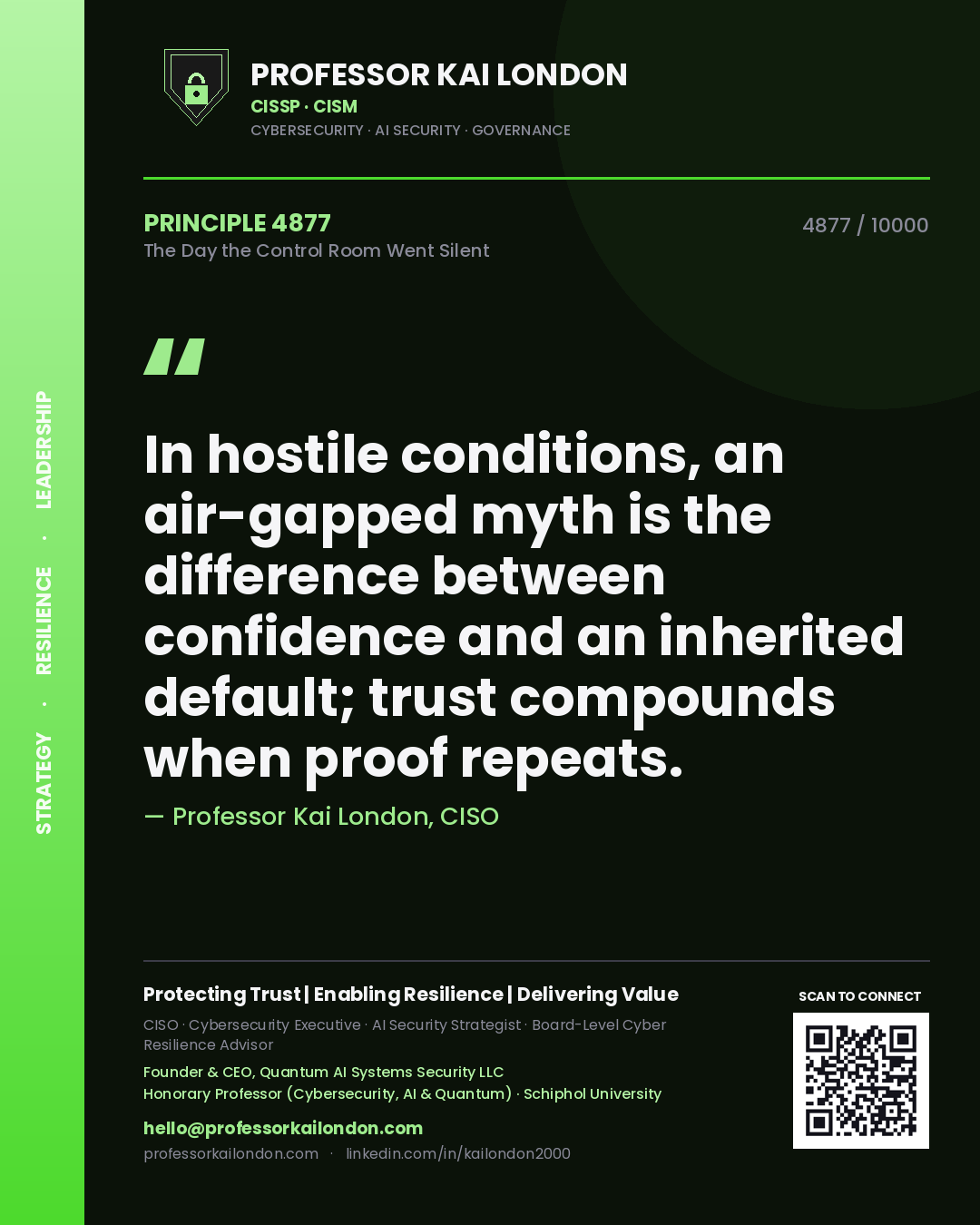 Quote card by Professor Kai London reading 'In hostile conditions, an air-gapped myth is the difference between confidence and an inherited default; trust compounds when proof repeats.'. From the book The Day the Control Room Went Silent.