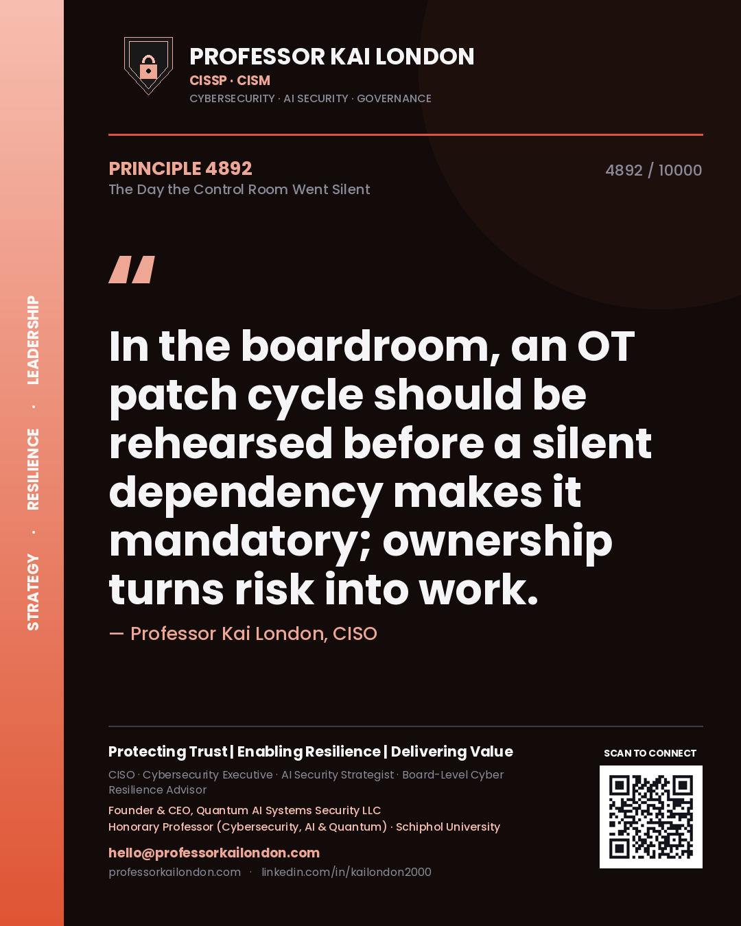 Quote card by Professor Kai London reading 'In the boardroom, an OT patch cycle should be rehearsed before a silent dependency makes it mandatory; ownership turns risk into work.'. From the book The Day the Control Room Went Silent.
