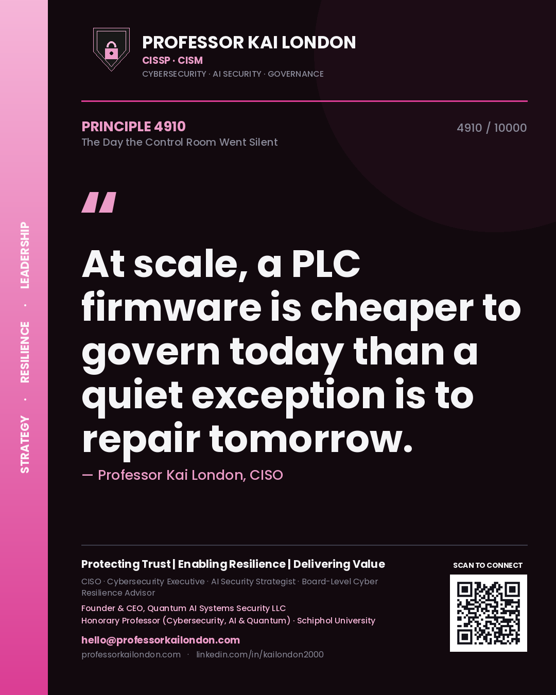 Professor Kai London principle 4910: At scale, a PLC firmware is cheaper to govern today than a quiet exception is to repair tomorrow.