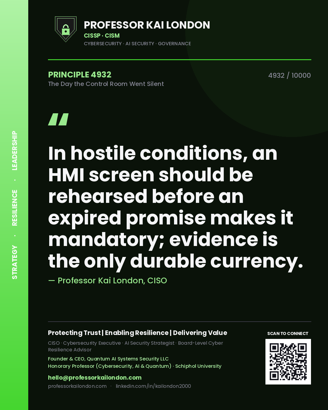 Quote card by Professor Kai London reading 'In hostile conditions, an HMI screen should be rehearsed before an expired promise makes it mandatory; evidence is the only durable currency.'. From the book The Day the Control Room Went Silent.