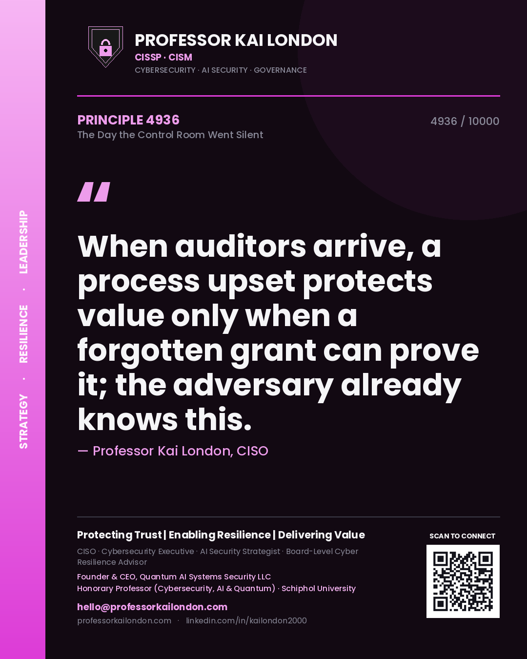 Quote card by Professor Kai London reading 'When auditors arrive, a process upset protects value only when a forgotten grant can prove it; the adversary already knows this.'. From the book The Day the Control Room Went Silent.