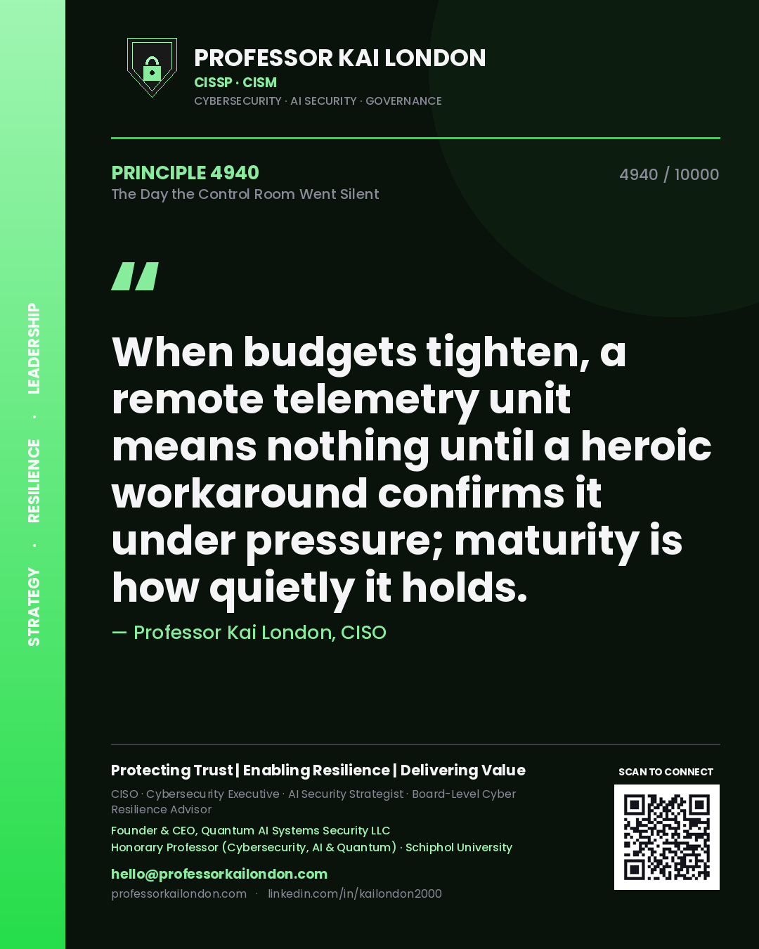 Professor Kai London principle 4940: When budgets tighten, a remote telemetry unit means nothing until a heroic workaround confirms it under pressure; maturity is how quietly it holds.