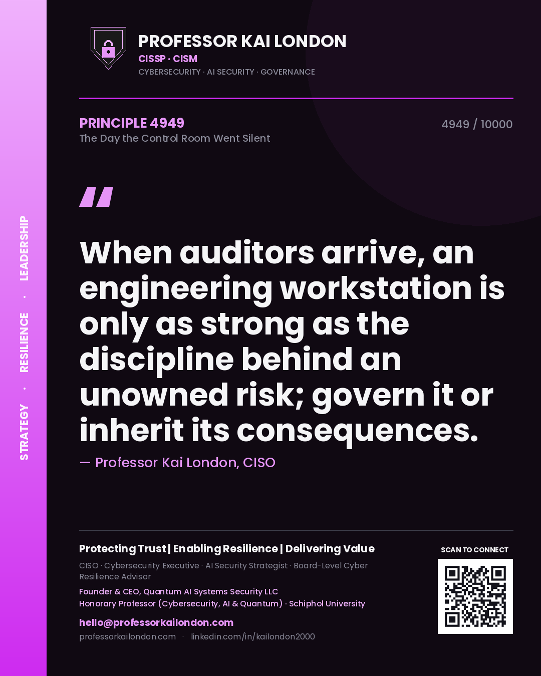 Professor Kai London principle 4949: When auditors arrive, an engineering workstation is only as strong as the discipline behind an unowned risk; govern it or inherit its consequences.