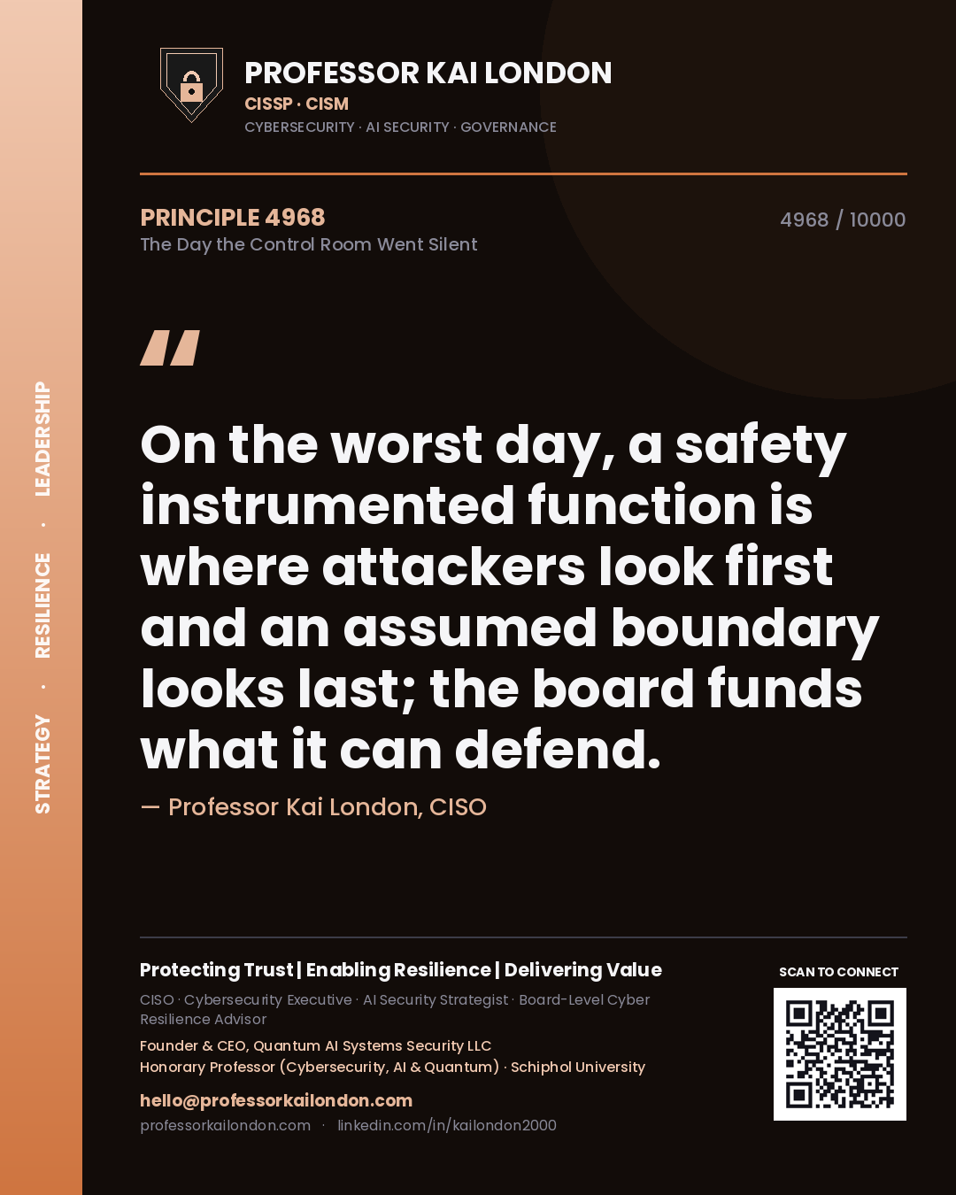 Quote card by Professor Kai London reading 'On the worst day, a safety instrumented function is where attackers look first and an assumed boundary looks last; the board funds what it can defend.'. From the book The Day the Control Room Went Silent.