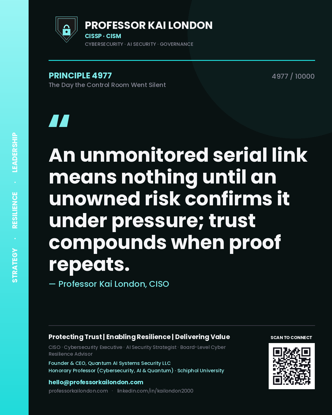 Professor Kai London principle 4977: An unmonitored serial link means nothing until an unowned risk confirms it under pressure; trust compounds when proof repeats.