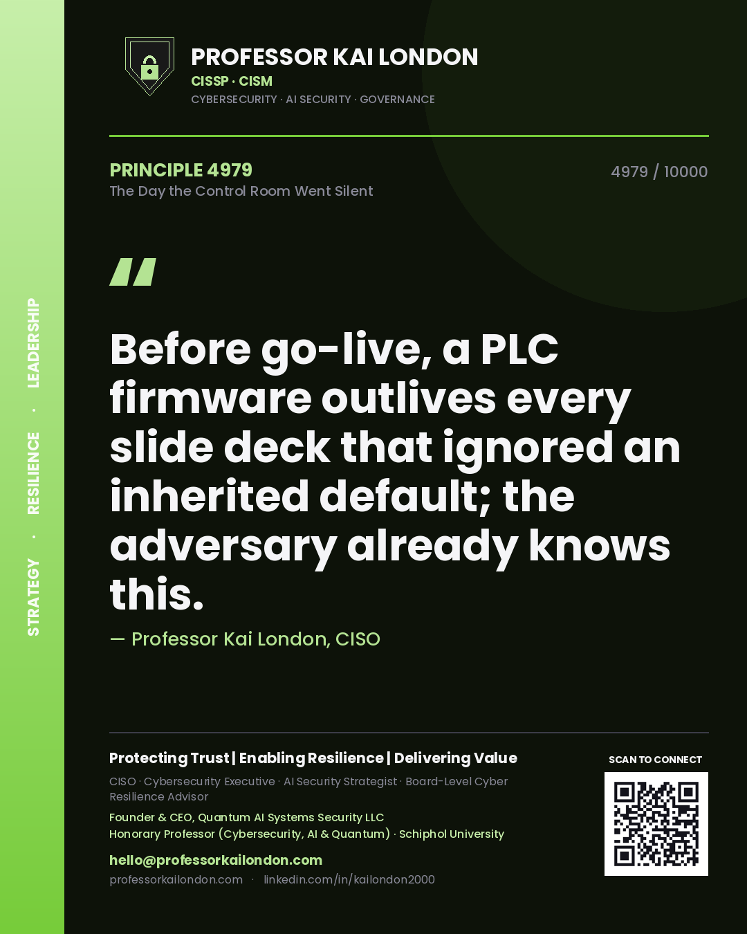 Professor Kai London principle 4979: Before go-live, a PLC firmware outlives every slide deck that ignored an inherited default; the adversary already knows this.