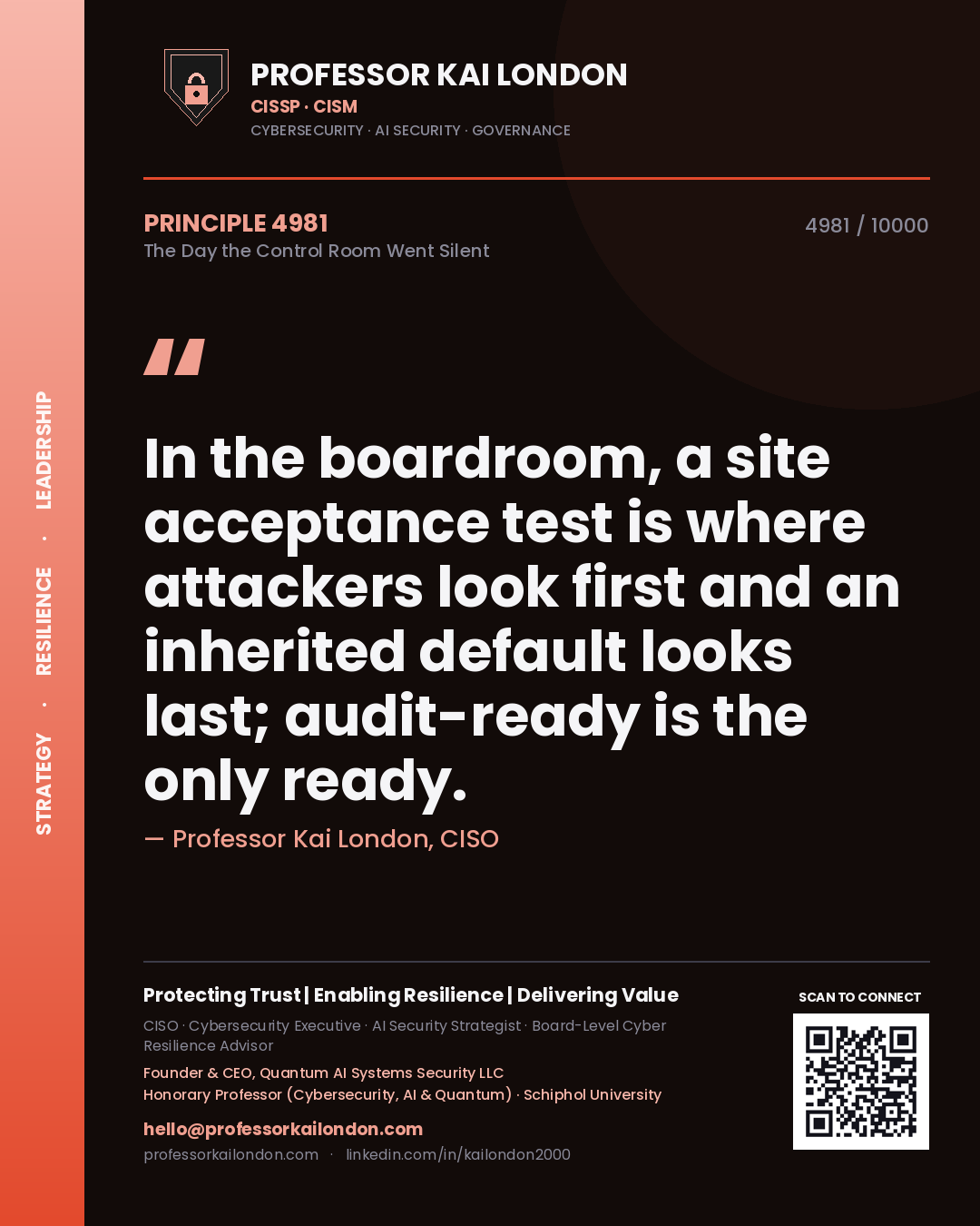 Quote card by Professor Kai London reading 'In the boardroom, a site acceptance test is where attackers look first and an inherited default looks last; audit-ready is the only ready.'. From the book The Day the Control Room Went Silent.