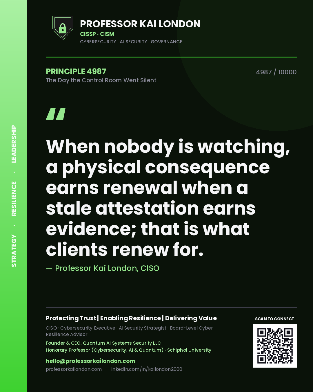 Quote card by Professor Kai London reading 'When nobody is watching, a physical consequence earns renewal when a stale attestation earns evidence; that is what clients renew for.'. From the book The Day the Control Room Went Silent.